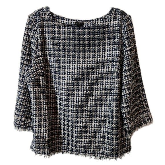 Ann Taylor Blouse Women's 14 Blue Tweed Plaid Fringe Boatneck Pullover Tunic - Picture 1 of 9
